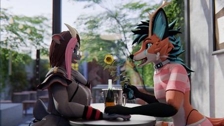 anthro antlers beverage bucket cafe clothed clothing container duo eyewear female femboy flower furniture glasses hand_holding hand_on_chest holidays horn looking_at_another male male/female open_mouth outside plant sunflower table tree wings sanythefox valentine's_day rose_(rosethegoat) sany_van_fox bovid caprine goat lagomorph mammal wolpertinger 16:9 3d_(artwork) 4k absurd_res digital_media_(artwork) hi_res widescreen