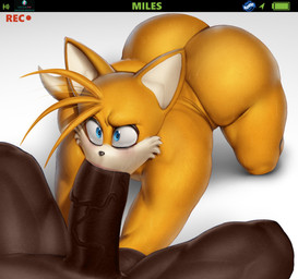 all_fours anthro balls big_balls big_butt big_penis blue_eyes blush bodily_fluids butt camera_hud constricted_pupils dark_body dark_penis dark_skin duo eyebrows eyeliner fellatio femboy first_person_view fur genitals huge_butt huge_penis human_on_anthro interspecies makeup male male/male mascara multicolored_body multicolored_fur nude oral oral_penetration penetration penile penis pupils raised_eyebrow recording sex small_pupils sweat sweatdrop tan_body thick_thighs two_tone_body two_tone_fur white_body white_fur wide_eyed yellow_body yellow_fur blu_rent sega sonic_the_hedgehog_(series) miles_prower canid canine fox human mammal red_fox true_fox absurd_res hi_res