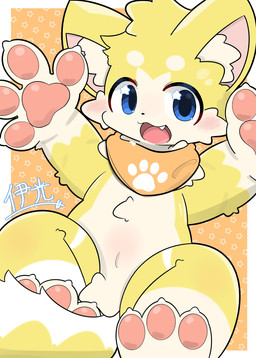 ambiguous_gender blue_eyes chibi front_view fur hands_up kerchief male navel open_mouth open_smile pawpads reaching_out smile solo yellow_body yellow_fur mujimuji1010 canid canine fox mammal 2025 full-length_portrait hi_res portrait