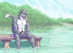 anthro clothing fishing fishing_rod genitals hat headgear headwear humanoid_genitalia humanoid_penis male nipples nude outside penis pubes sitting solo tongue tongue_out water lavilovi domestic_cat felid feline felis mammal digital_media_(artwork)