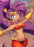 blue_eyes breasts brown_body brown_skin clothing ear_piercing ear_ring female hair humanoid_pointy_ears long_hair navel not_furry open_mouth open_smile piercing pointy_ears ponytail purple_hair ring_piercing smile solo teeth alex-toons shantae_(series) wayforward shantae genie humanoid 2022 hi_res