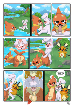 anal anal_penetration animal_genitalia animal_penis balls blush bodily_fluids butt cum cum_inside erection fellatio fur genital_fluids genitals grass group group_sex male male/male male_penetrated male_penetrating male_penetrating_male masturbation nude open_mouth oral orange_body outside penetration penile penile_masturbation penis plant precum presenting presenting_hindquarters river sex sheath sky smile tail tapered text threesome tongue tree water nutty_bo nintendo pokemon buizel dedenne generation_4_pokemon generation_6_pokemon lagomorph leporid mammal pokemon_(species) rabbit rodent absurd_res comic english_text hi_res