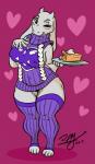 2017 anthro baikobits big_breasts boss_monster_(undertale) bovid breasts caprine clothing female food hi_res horn looking_at_viewer mammal meme meme_clothing one_eye_closed red_eyes smile solo sweater thick_thighs topwear toriel undertale undertale_(series) virgin_killer_sweater wide_hips wink