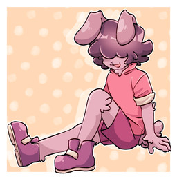 bottomwear clothed clothing dotted_background floppy_ears footwear fully_clothed hair hair_over_eyes male open_mouth open_smile pattern_background shirt shoes shorts simple_background sitting smile solo subu topwear unknown_artist lagomorph leporid mammal rabbit hi_res