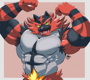 abs anthro armpit_hair barazoku biped black_body black_fur body_hair border chest_tuft fingers fist flexing flexing_bicep flexing_both_biceps front_view fur green_eyes grey_body grey_fur humanoid_hands looking_at_viewer male multicolored_body multicolored_fur muscular muscular_anthro muscular_male open_mouth open_smile orange_body orange_fur pecs pose red_body red_fur simple_background smile solo standing text tuft white_border yellow_sclera shibyokami nintendo pokemon generation_7_pokemon incineroar pokemon_(species) 2023 artist_name colored half-length_portrait hi_res portrait shaded