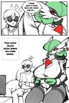 big_breasts breasts clothed clothing duo ear_piercing eyewear female fingers gaming glasses green_body green_hair hair male not_furry open_mouth piercing playing_video_game red_eyes text white_body zzvinniezz nintendo pokemon gardevoir generation_3_pokemon human mammal pokemon_(species) 2025 absurd_res english_text hi_res