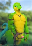 2019 abs anthro armband athletic athletic_anthro athletic_male balls biceps blue_body blue_eyes blue_skin bodily_fluids bottomwear bottomwear_aside claws clothed clothing clothing_aside crotch_apron day_gecko dripping earhole erection foreskin forked_tongue gecko genital_fluids genitals glans green_body green_skin hi_res humanoid_genitalia humanoid_penis jewelry lizard loincloth loincloth_aside looking_at_viewer male mostly_nude multicolored_body multicolored_skin navel necklace nipples non-mammal_balls non-mammal_nipples open_mouth outside partially_retracted_foreskin pecs penis pink_glans precum presenting presenting_penis reptile scalie signature solo tail teeth text tongue topless topless_male tribal vader-san wristband yellow_balls yellow_body yellow_penis yellow_skin
