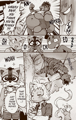 anthro bodily_fluids bottomwear bound bound_male bully bullying clothed clothing collared_shirt dialogue fight group kemono male overweight overweight_anthro overweight_male shirt shorts speech_bubble suspension sweat sweatdrop swing_set tank_top text topwear young young_anthro young_male dark_ishihara third-party_edit araizumi_funaka kaen_nakayoshi haplorhine mammal monkey primate procyonid raccoon suid suine sus_(pig) wild_boar absurd_res comic english_text hard_translated hi_res monochrome right_to_left translated translation_edit