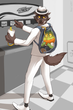 anthro backpack bottomwear brown_body clothing detailed_background duo eyewear glasses green_body hat headgear headwear humanoid_hands humor male pants shirt size_difference topwear canid_kaiba dreamworks the_bad_guys mr._piranha_(the_bad_guys) mr._wolf_(the_bad_guys) aquatic canid canine canis characiform fish mammal piranha_(fish) serrasalmid wolf 2022 absurd_res hi_res meme