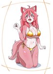 5_fingers 5_toes ahoge anthro big_breasts bikini biped blush blush_lines bodily_fluids breasts chest_tuft claws clothed clothing collarbone cute_fangs eyebrows eyelashes feet female finger_claws fingers fluffy fluffy_tail fur glistening glistening_breasts glistening_legs gloves_(marking) gold_bikini hair inner_ear_fluff kemono kneeling legs_together looking_at_viewer markings navel open_mouth open_smile pink_body pink_eyes pink_fur pink_hair side-tie_bikini simple_background smile smiling_at_viewer soft_abs solo string_bikini sweat swimwear tail toes tongue tuft two-piece_swimsuit white_background takamura golden_week momoka_(takamura) canid canine canis japanese_wolf mammal recently_extinct_species wolf 2024 digital_media_(artwork) hi_res