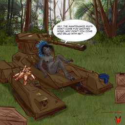 3_toes 5_fingers anthro arm_feathers arm_tuft armor blue_body blue_eyes blue_feathers breasts crossed_legs dialogue feather_hair feathered_crest feathers feet female fingers forest forest_background grey_body head_crest looking_at_viewer nature nature_background nipples non-mammal_breasts outside plant plantigrade pseudo_hair reclining smile smiling_at_viewer solo tank_(vehicle) text toes tree tuft vehicle reddragon halo_(series) microsoft xbox_game_studios fan_character k'ryn_hy_t'zek alien avian kig-yar scalie t'vaoan 1:1 english_text hi_res