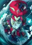 aiguillette anthro clothing fin looking_at_viewer male prince red_body red_skin royalty smile solo water yellow_eyes light262 breath_of_the_wild nintendo the_legend_of_zelda prince_sidon animal_humanoid fish fish_humanoid humanoid marine marine_humanoid zora 2019 absurd_res hi_res