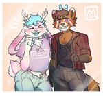 anthro antlers blue_hair blush border bottomwear brown_hair clothed clothing duo flannel flannel_shirt fur hair horn laugh looking_at_viewer male open_mouth pants pink_body pink_fur purple_eyes shirt simple_background smile topwear white_border shirocat365 bunbun_jackalope orion_(theirishwah) ailurid jackalope lagomorph mammal red_panda digital_media_(artwork) hi_res