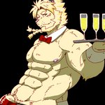 abs alcohol anthro beverage bow_tie braided_hair bulge champagne champagne_glass clothing container cup drinking_glass flaccid genitals glass glass_container glass_cup hair male muscular muscular_anthro muscular_male nipples pecs penis penis_base serving_tray solo thong underwear run_aki lifewonders live_a_hero astosis felid lion mammal pantherine 1:1 low_res