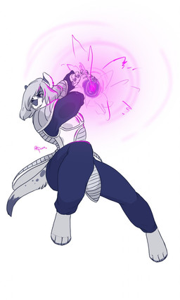 ambiguous_gender anthro armor clothed clothing hair magic simple_background solo teeth redpixie dragon_ball dragon_ball_z canid canine canis domestic_dog mammal hi_res