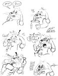 anthro belly beverage dialogue disembodied_hand drinking duo ears_down forced forced_drinking male pivoted_ears sad solo_focus surprise text weight_gain aldi lagomorph leporid mammal rabbit black_and_white english_text graphite_(artwork) monochrome sketch traditional_media_(artwork)