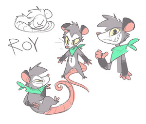 anthro black_body black_fur cheek_tuft chibi facial_tuft fur grey_body grey_fur grin half-closed_eyes kerchief male narrowed_eyes neckerchief neckwear pink_body pink_skin simple_background sleeping smile solo tuft white_background yellow_sclera xing1 roy_(xing1) american_opossum mammal marsupial virginia_opossum absurd_res hi_res