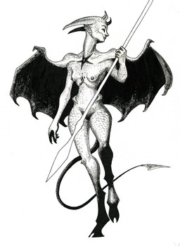 breasts female horn melee_weapon nude polearm scales solo spear tail walking weapon wings adeptus-monitus demon humanoid black_and_white monochrome traditional_media_(artwork)