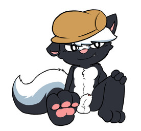 3_toes anthro balls barefoot big_head biped black_body black_eyes black_fur clothing feet flat_cap fluffy fluffy_tail front_view fur genitals hair hat headgear headwear looking_at_viewer male mostly_nude penis pink_nose short_hair simple_background sitting smile solo tail toes toony white_background white_body white_fur white_hair oob animal_crossing nintendo kicks_(animal_crossing) mammal mephitid skunk