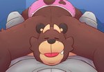 anthro bed brown_body brown_fur clothing cute_fangs duo eyes_closed fangs fur furniture male overweight overweight_male teeth tongue tongue_out underwear leothelionel the_human_heart_(game) cade_maplebottom bear mammal 2021