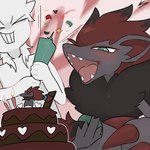 ambiguous_gender anthro biped birthday_cake black_body black_fur blush cake dessert duo female food fur green_eyes grey_body grey_fur open_mouth red_body red_fur svkhaiminh nintendo pokemon generation_5_pokemon human mammal pokemon_(species) zoroark 1:1 hi_res