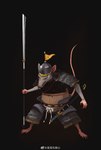 anthro armor asian_clothing chinese_clothing clothed clothing dao_(sword) east_asian_clothing flag fully_clothed guandao headgear helmet looking_at_viewer male red_eyes solo swordstaff text warrior muyang_fort mammal murid murine rat rodent chinese_text hi_res