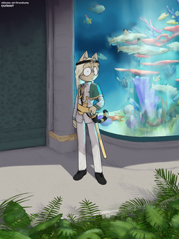 ambiguous_feral ambiguous_gender anthro anthro_focus aquarium blonde_hair clothed clothed_anthro clothed_male clothing detailed_background feral fully_clothed fully_clothed_anthro fully_clothed_male fur hair inside male male_anthro male_focus melee_weapon plant solo suit sword tan_body tan_fur vivarium water weapon white_clothing white_suit bravobunny aquatic asterozoan blacktip_reef_shark carcharhinus domestic_cat echinoderm felid feline felis fish mammal reef_shark requiem_shark shark starfish absurd_res hi_res huge_filesize