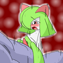 blush bodily_fluids drooling duo genitals male penis red_eyes saliva sweat pasaran nintendo pokemon generation_1_pokemon generation_3_pokemon kirlia machoke pokemon_(species) 1:1 digital_media_(artwork) low_res oekaki source_request
