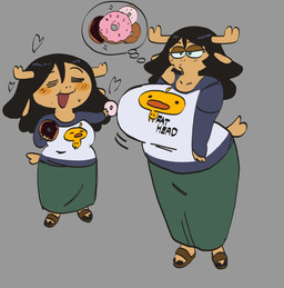 anthro antlers big_breasts black_hair bottomwear breasts brown_clothing brown_footwear brown_sandals clothed clothed_anthro clothed_female clothing dessert doughnut duck_print eyelashes eyes_closed female female_anthro food footwear front_view fur green_bottomwear green_clothing green_skirt grey_background hair half-closed_eyes heart_symbol holding_donut holding_food holding_object horn huge_breasts lidded_eyes lips looking_pleasured motion_lines narrowed_eyes open_mouth open_smile pastry raised_finger sandals shirt shoes simple_background skirt smile solo standing tail tan_antlers tan_body tan_ears tan_fur tan_tail text thinking thinking_pose thought_bubble topwear mooncheese emy_(mooncheese) deer mammal moose new_world_deer 2025 digital_drawing_(artwork) digital_media_(artwork) full-length_portrait hi_res portrait