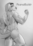 anthro back_muscles backsack balls biceps butt clothed clothing erection eyewear flexing genitals looking_at_viewer looking_back looking_back_at_viewer male muscular muscular_anthro muscular_male nude penis perfume perfume_atomizer pose rear_view smile smirk solo sunglasses topless dangpa bojack_horseman netflix mr._peanutbutter bird_dog canid canine canis domestic_dog hunting_dog labrador mammal retriever hi_res monochrome