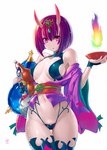 asian_clothing barely_visible_genitalia barely_visible_pussy breasts clothed clothing colored_fire container east_asian_clothing female fire genitals holding_object horn japanese_clothing looking_at_viewer multicolored_fire navel not_furry pussy smile smiling_at_viewer solo murasaki_nyaa asian_mythology east_asian_mythology fate_(series) japanese_mythology mythology type-moon assassin_shuten-douji demon horned_humanoid humanoid oni yokai 2018