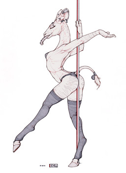anthro butt clothing dancing ear_piercing eyebrow_piercing eyes_closed facial_piercing female hooves leggings legwear long_tongue panties pasties piercing pole pole_dancing prehensile_tongue purple_tongue solo stripper stripper_pole tail thigh_highs tongue tongue_out tongue_piercing underwear ecmajor giraffid mammal okapi 2016 hi_res sketch traditional_media_(artwork)