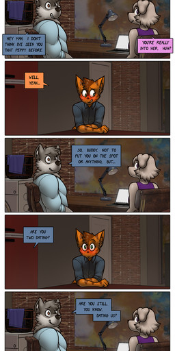 anthro blush dialogue female group male text trio james_howard patreon alphonse_(james_howard) jill_(james_howard) richard_(james_howard) canid canine canis domestic_cat domestic_dog felid feline felis mammal wolf absurd_res comic english_text hi_res url