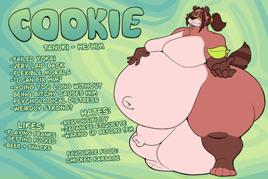 anthro balls belly big_balls big_belly big_moobs big_penis brown_body brown_fur fur genitals huge_balls huge_belly huge_moobs huge_penis hyper hyper_balls hyper_genitalia hyper_penis leaf male moobs navel nude nude_anthro nude_male obese obese_anthro obese_male overweight overweight_anthro overweight_male penis solo text ruffythelion cookie_(ruffythelion) canid canine mammal raccoon_dog tanuki 2026 english_text hi_res model_sheet