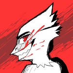 anthro beak blood bodily_fluids evil_grin feathers looking_at_viewer male red_eyes simple_background smile solo stylized teeth avioylin avio_(avioylin) avian bird 1:1