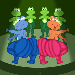 anthro ass_to_ass big_butt black_eyes blue_body blue_bottomwear blue_clothing blue_pants blue_skin bottomwear bulge butt clothing crouching detailed_bulge eyelashes female genital_outline green_body green_bottomwear green_clothing green_pants green_skin group half-closed_eyes huge_butt lipstick looking_at_another makeup male motion_lines multicolored_body multicolored_bottomwear multicolored_clothing multicolored_skin narrowed_eyes orange_body orange_skin pants penis_outline pose rear_view red_bottomwear red_clothing red_lipstick red_pants smile standing thick_thighs two_tone_body two_tone_bottomwear two_tone_clothing two_tone_pants two_tone_skin itsme_hilo nintendo rhythm_heaven bandleader_(rhythm_heaven) frogette_(rhythm_heaven) amphibian frog 1:1 2025 digital_media_(artwork) hi_res signature