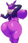 anthro back_boob big_breasts big_butt breasts butt clothed clothing electronics female hair hand_on_head headphones huge_breasts huge_butt jacket nipples purple_body purple_hair rear_view simple_background solo thick_thighs topwear daiidalus itisjoidok epic_games fortnite dj_bop alpaca camelid mammal absurd_res hi_res