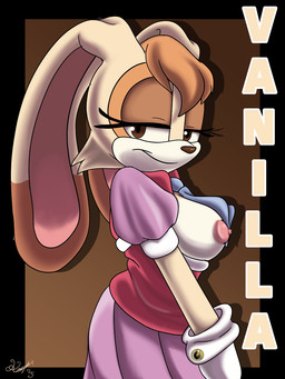 anthro black_border border breasts brown_background brown_eyes brown_hair clothing dress female gloves hair handwear looking_at_viewer nipples simple_background smile solo knightnight54 sega sonic_the_hedgehog_(series) vanilla_the_rabbit lagomorph leporid mammal rabbit 2025 3:4 digital_media_(artwork) hi_res