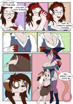 accessory anthro areola barefoot beverage big_breasts blue_eyes blush bottomwear breast_growth breast_size_difference breasts brown_hair butt chest_tuft clothing dialogue dreadlocks drinking duo eyewear feet female gender_transformation glasses growth hair hat headband headgear headwear human_to_anthro magic_user male mtf_transformation navel nipple_outline nipples open_mouth pants purple_hair shirt shocked simple_background size_difference smile species_transformation tail tail_growth text topwear transformation tuft witch witch_hat halcy0n haley_baxter american_opossum herpestid human mammal marsupial meerkat 2019 comic english_text hi_res