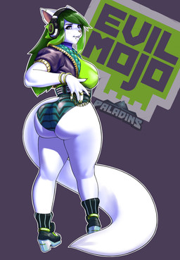 5_fingers anthro belt big_breasts big_butt big_tail boots bracelet breasts bubble_butt butt butt_pose butt_squish chain clothed clothing ear_piercing ear_ring electronics facial_piercing female fingers footwear fur green_hair hair headphones high_heeled_boots high_heels jacket jewelry knock-kneed lip_piercing logo long_hair looking_at_viewer panties piercing pose rear_view ring ring_piercing shoes simple_background skindentation snakebite_piercing solo squish studded_belt studs tail text thick_thighs topwear underwear white_body white_fur wide_hips conditional_dnp daserfomalhaut hi-rez_studios paladins_(game) salt_(paladins) canid canine fox mammal 2022 absurd_res english_text hi_res
