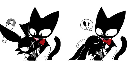 accessory anthro black_body black_clothing black_fur black_tail black_topwear black_vest blush bow_tie breasts cheek_tuft cleavage clothed clothing collared_shirt dress_shirt duo exclamation_point eye_scar face_lick facial_scar facial_tuft female fur grey_necktie holding_another hug licking male male/female necktie red_bow_tie romantic romantic_couple safety_pin safety_pin_in_ear scar shirt simple_background tail tongue tongue_out topwear tuft uniform vest white_background white_clothing white_shirt white_topwear white_undershirt sabgong vincent_(sabgong) vingo_(sabgong) domestic_cat felid feline felis lagomorph leporid mammal rabbit