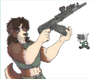 ak-104 angry anthro assault_rifle duo eis_(eisbox) gun hair handgun long_hair male pistol plate_carrier ranged_weapon rifle smug weapon eisbox escape_from_tarkov owen_(street_mutt_) canid canine canis domestic_dog fox mammal hi_res meme