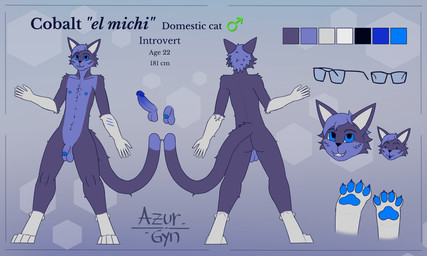 anthro backsack balls blep blue_eyes butt digitigrade disembodied_penis erection eyewear flaccid fur genitals glans glasses grey_body grey_fur humanoid_genitalia humanoid_penis male multicolored_body multicolored_fur nipples pawpads paws penis purple_body purple_fur simple_background solo standing tail tongue tongue_out wide_stance azurgyn domestic_cat felid feline felis mammal 5:3 digital_media_(artwork) hi_res model_sheet signature