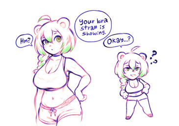 bodily_fluids bottomwear bra_strap braided_hair braided_ponytail breasts cleavage clothed clothing confusion dialogue female female_humanoid green_eyes green_highlights hair highlights_(coloring) navel ponytail question_mark shorts solo sweat text bestfriendforever bra_strap_showing_(meme) laimu animal_humanoid humanoid mammal mammal_humanoid mustelid mustelid_humanoid musteline musteline_humanoid weasel_humanoid 2026 english_text hi_res meme