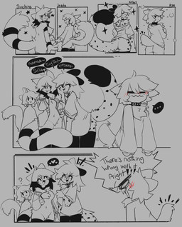 :3 angry anthro big_tail blush bullying chest_tuft clothing collar crotch_tuft dialogue exclamation_point female femboy heart_symbol legwear male navel shirt small_tail smile sparkles tail tail_size_difference teasing text thigh_highs topwear tuft caeleste jayde_(caeleste) niles_(caeleste) rye_(caeleste) sinclaire_(caeleste) domestic_cat felid feline felis mammal 2025 absurd_res comic english_text hi_res