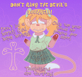 accessory amputee anthro blonde_hair blood blood_stain bodily_fluids bottomwear bow_ribbon clothed clothing cross disability female gore hair hair_accessory hair_bow hair_ribbon knee_highs legwear missing_hand pattern_bottomwear pattern_clothing pattern_skirt pigtails plaid plaid_bottomwear plaid_clothing plaid_skirt religion religious_symbol ribbons school_uniform simple_background skirt solo tail tears text uniform young young_female saltypupcake haplorhine mammal monkey primate english_text hi_res