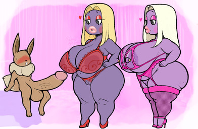 anthro areola balls barbell_piercing big_breasts big_butt big_penis blonde_hair blush breasts butt clothing eyelashes eyeless eyeshadow female fishnet_clothing footwear genitals glistening_eyelids group hair half-closed_eyes hands_on_hips heart_symbol high_heels imminent_sex larger_female lingerie lips long_eyelashes looking_down looking_down_at_genitalia looking_down_at_penis makeup male narrowed_eyes nipple_piercing nipples penis piercing pink_eyeshadow pokemorph red_eyeshadow shoes size_difference slightly_chubby smaller_male thick_lips translucent translucent_clothing trio vulva wide_hips slimey_art nintendo pokemon eevee generation_1_pokemon humanoid jynx pokemon_(species) shiny_pokemon flat_colors