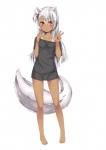 accessory blush bottomless candy clothed clothing dark_body dark_skin dessert fangs female food grey_hair hair hair_accessory hair_bobbles lollipop long_hair off_shoulder open_mouth red_eyes shirt simple_background solo standing suntan tan_body tan_line tan_skin teeth topwear white_background wolf_tail @ichigo animal_humanoid canid canid_humanoid canine canine_humanoid canis humanoid mammal mammal_humanoid wolf wolf_humanoid hi_res