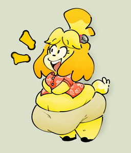 accessory aloha_shirt anthro bell bell_accessory belly belly_overhang big_belly black_clothing black_eyebrows black_eyes black_footwear black_mouth black_nose black_shoes blonde_hair bottomwear breasts clothing eyebrows eyelashes female footwear grey_background hair hair_accessory hairband huge_belly navel navel_outline obese obese_anthro obese_female open_mouth open_smile overweight overweight_anthro overweight_female pattern_clothing pattern_shirt pattern_topwear pink_tongue red_clothing red_hairband red_shirt red_topwear shirt shoes simple_background skirt smile solo tail tan_bottomwear tan_clothing tan_skirt tan_tail thick_thighs three-quarter_view tight_clothing tongue topwear two_tone_tail yellow_body yellow_ears yellow_tail punkypinky animal_crossing nintendo isabelle_(animal_crossing) canid canine canis domestic_dog mammal shih_tzu toy_dog 2026 colored digital_media_(artwork) hi_res shaded
