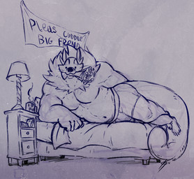 5_fingers anthro bed bedding big_tail bouquet boxer_briefs boxer_briefs_only clothed clothed_anthro clothed_male clothing container cup feet fingers flower flower_bouquet flower_in_mouth fur furniture furniture_lamp humanoid_hands looking_at_viewer lying lying_on_bed male male_anthro mug muscular muscular_anthro muscular_male navel nightstand on_bed on_side pecs plant seductive simple_eyes solo tail text toes topless topless_anthro topless_male underwear underwear_only suck_mcjones bento_(character) binturong mammal viverrid 2016 english_text monochrome signature